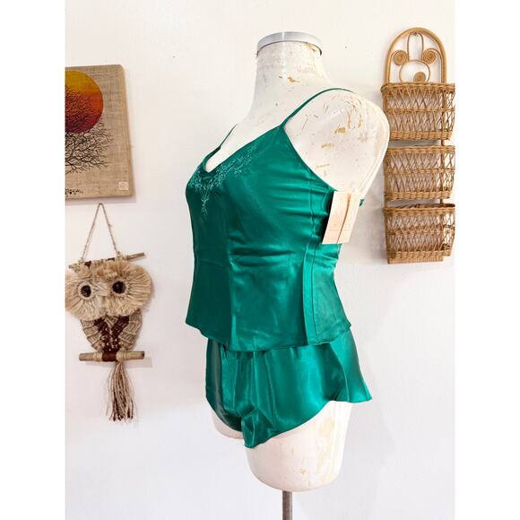 80s NOS Emerald Green Silky Cami Sleep Set size medium - Picture 2 of 14